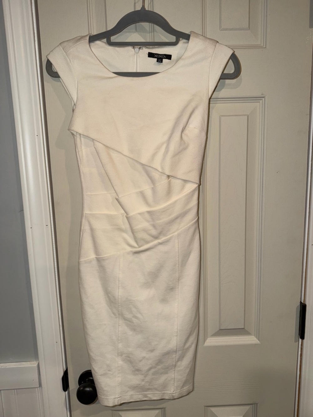 XOXO Cream Cap-Sleeve Asymmetrical Sheath Dress